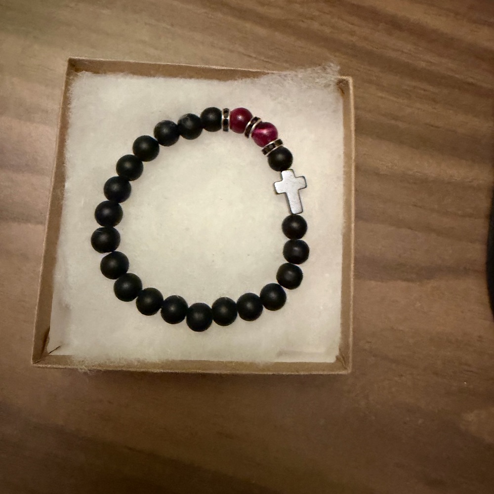 Black Beaded Bracelet with Red Accents